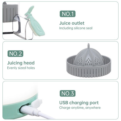 Portable USB - rechargeable slow juicer for oranges, lemons & other fruits. A handy electric blender for home kitchens. eprolo