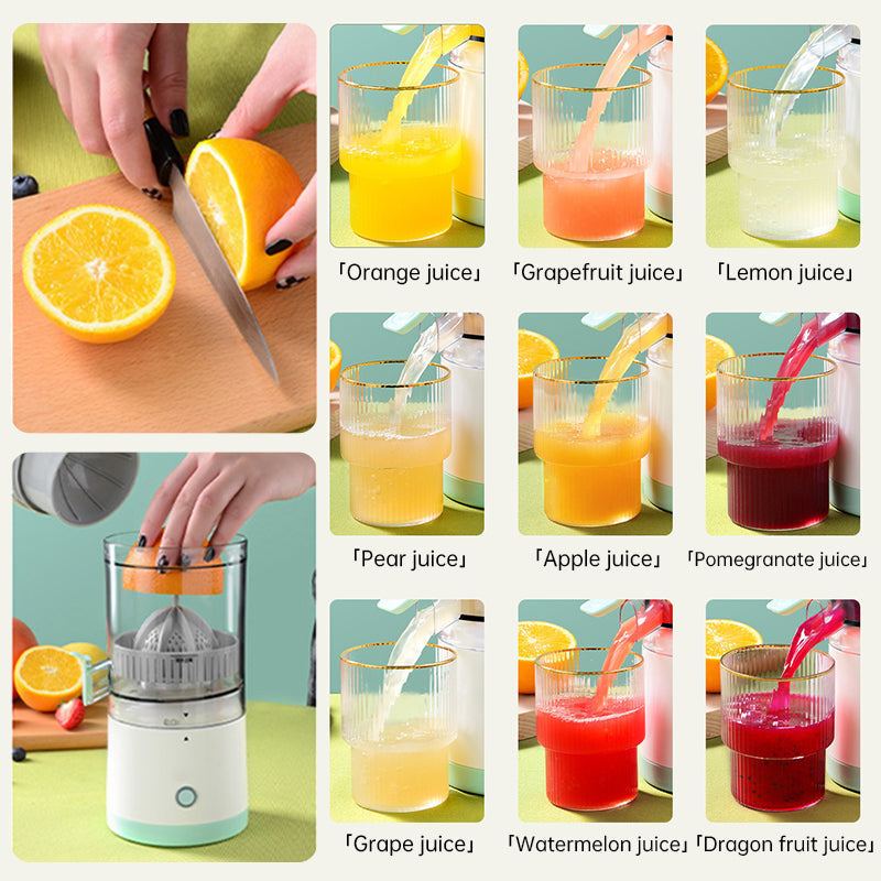Portable USB - rechargeable slow juicer for oranges, lemons & other fruits. A handy electric blender for home kitchens. eprolo